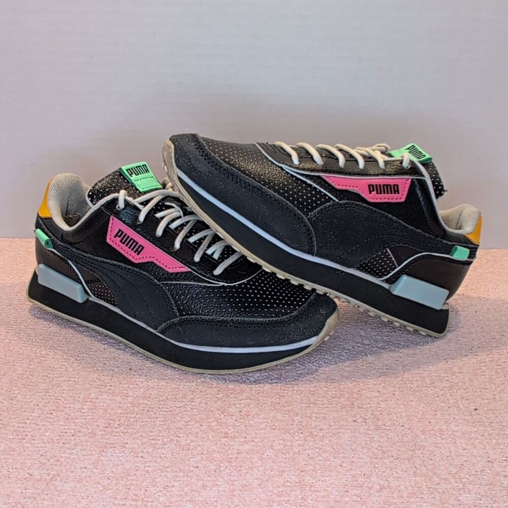PUMA Future Rider Unisex Kids Black/Pink Leather Sneakers Lace Up 4C